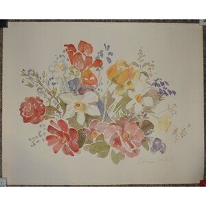 Vintage Watercolor Painting Floral Flowers Artist Signed Carmine